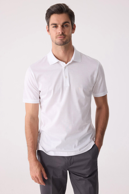 Erkek Beyaz Regular Fit Merserize Polo Yaka Tişört