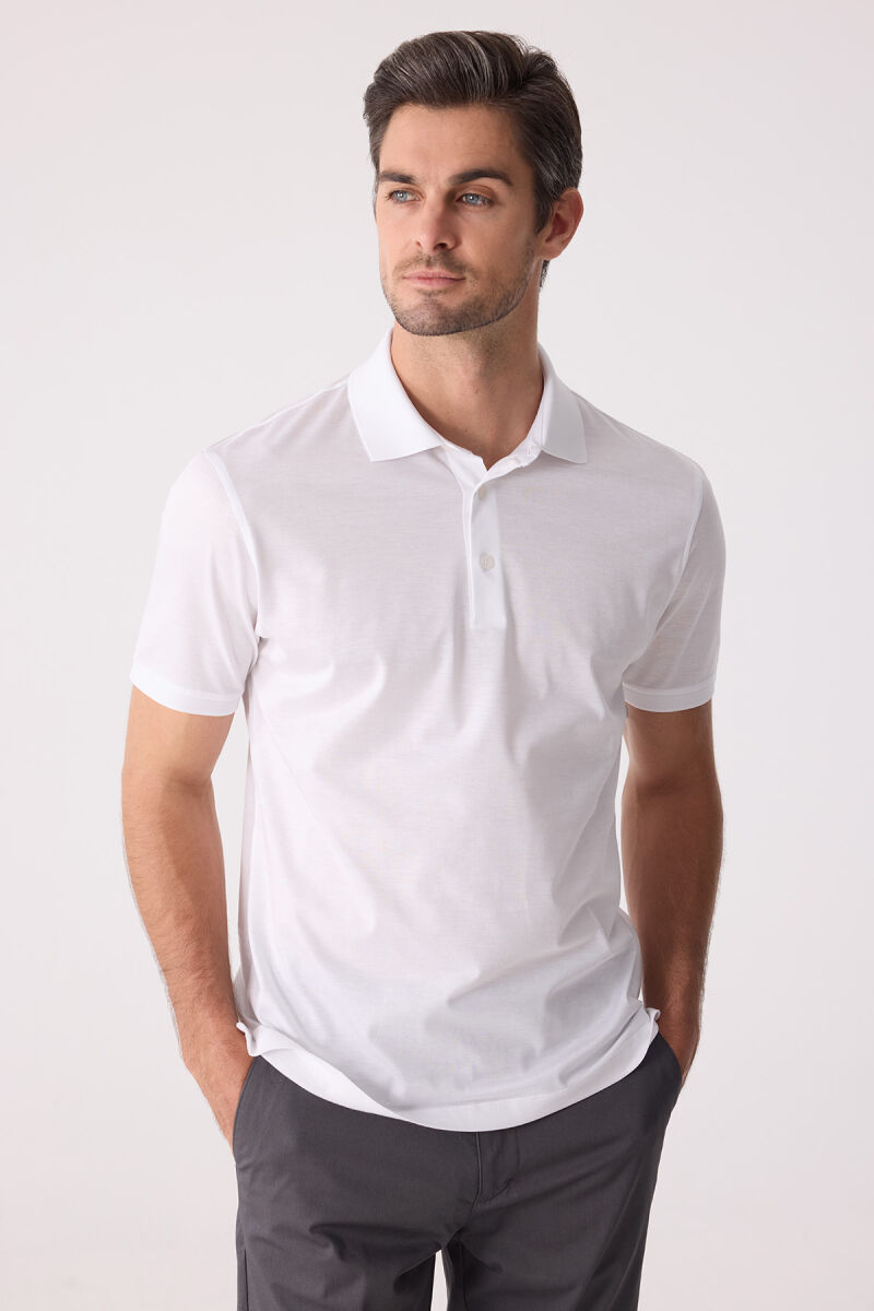 Erkek Beyaz Regular Fit Merserize Polo Yaka Tişört - 4