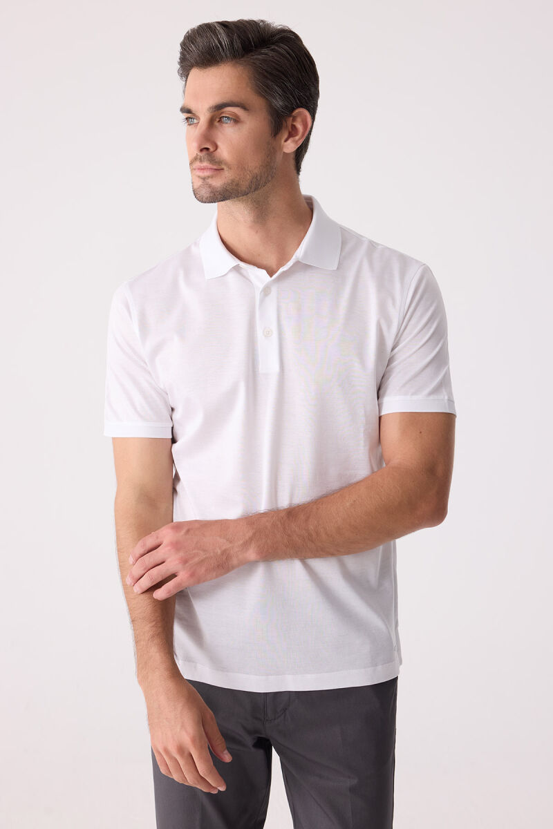 Erkek Beyaz Regular Fit Merserize Polo Yaka Tişört - 5