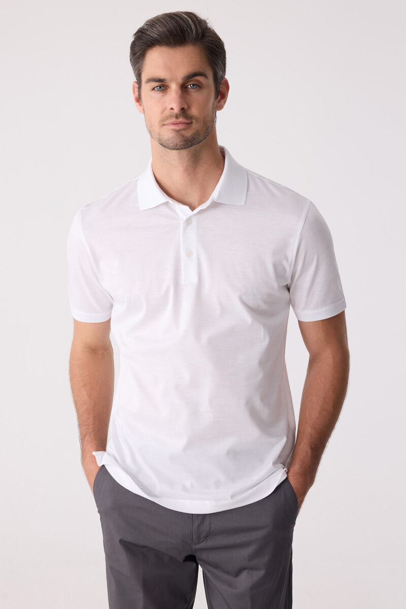 Erkek Beyaz Regular Fit Merserize Polo Yaka Tişört - 6