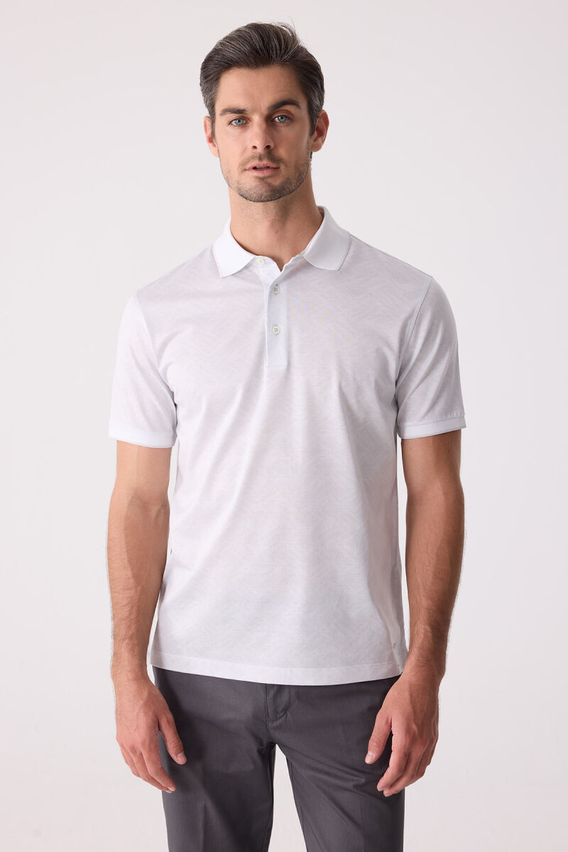 Erkek Beyaz Regular Fit Polo Yaka Desenli Merserize Tişört - 1