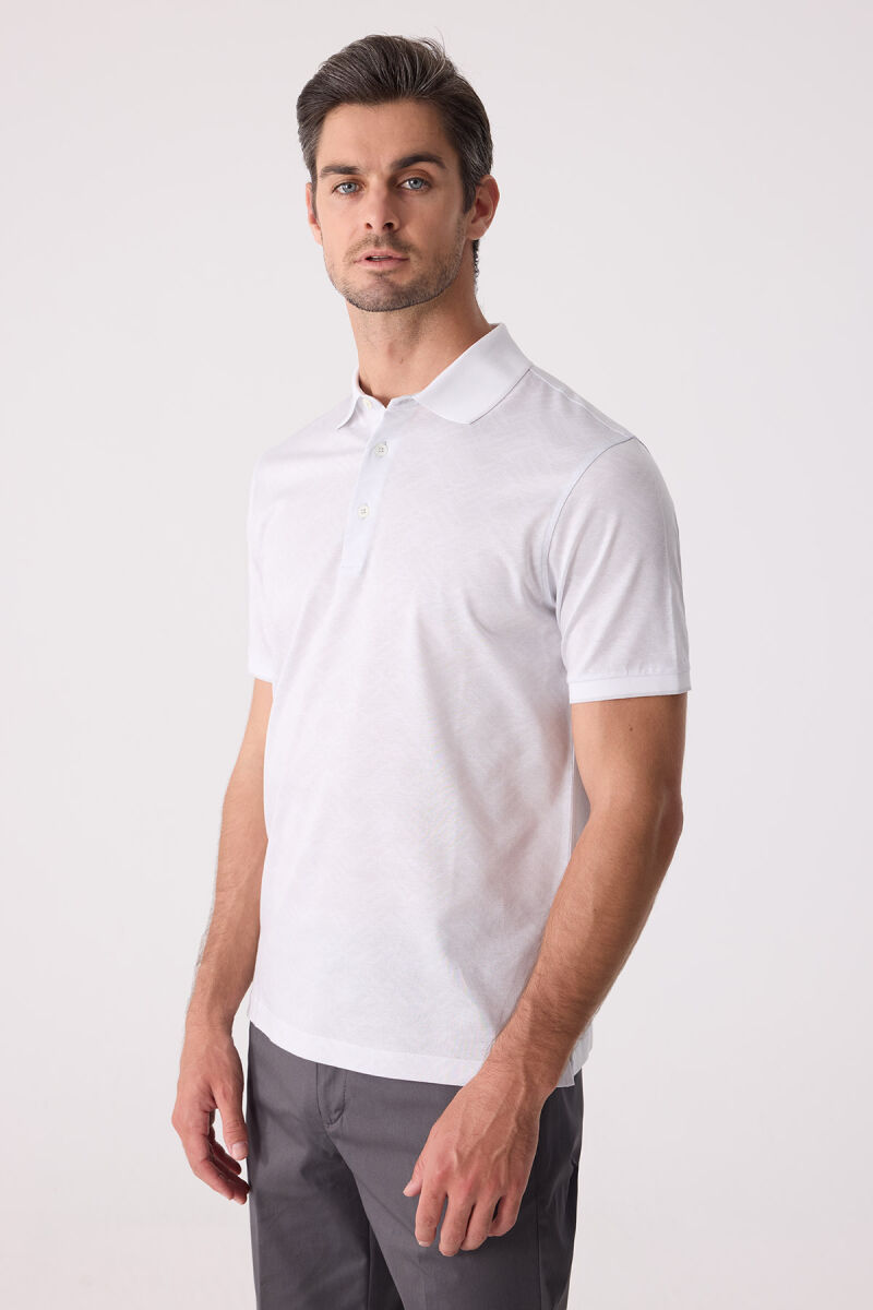 Erkek Beyaz Regular Fit Polo Yaka Desenli Merserize Tişört - 2
