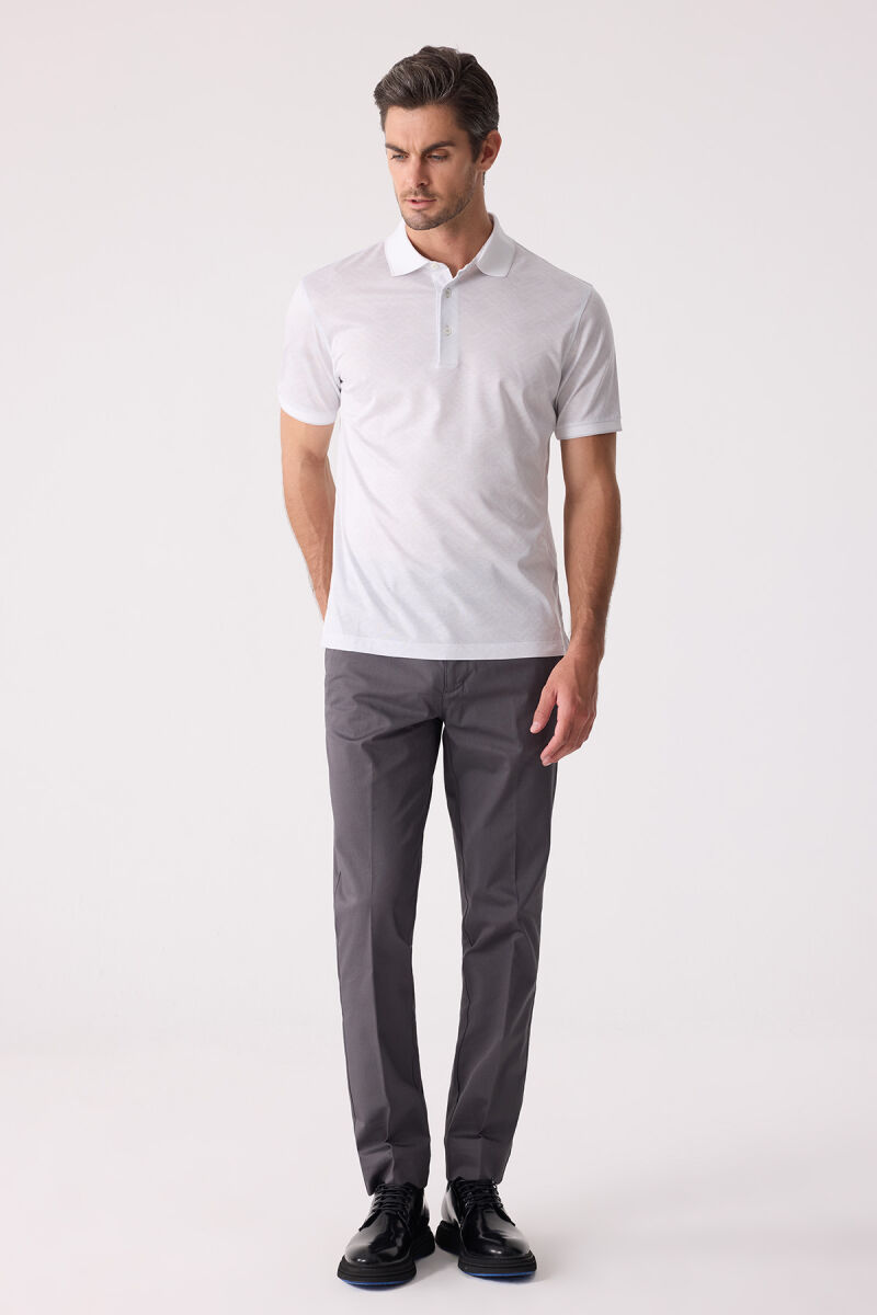 Erkek Beyaz Regular Fit Polo Yaka Desenli Merserize Tişört - 3