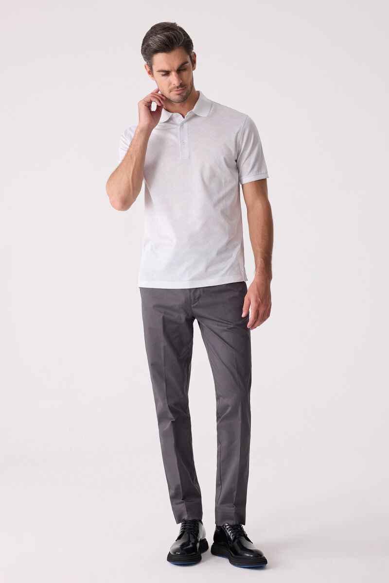 Erkek Beyaz Regular Fit Polo Yaka Desenli Merserize Tişört - 4