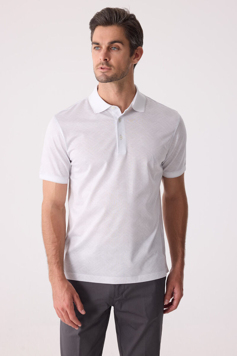 Erkek Beyaz Regular Fit Polo Yaka Desenli Merserize Tişört - 5