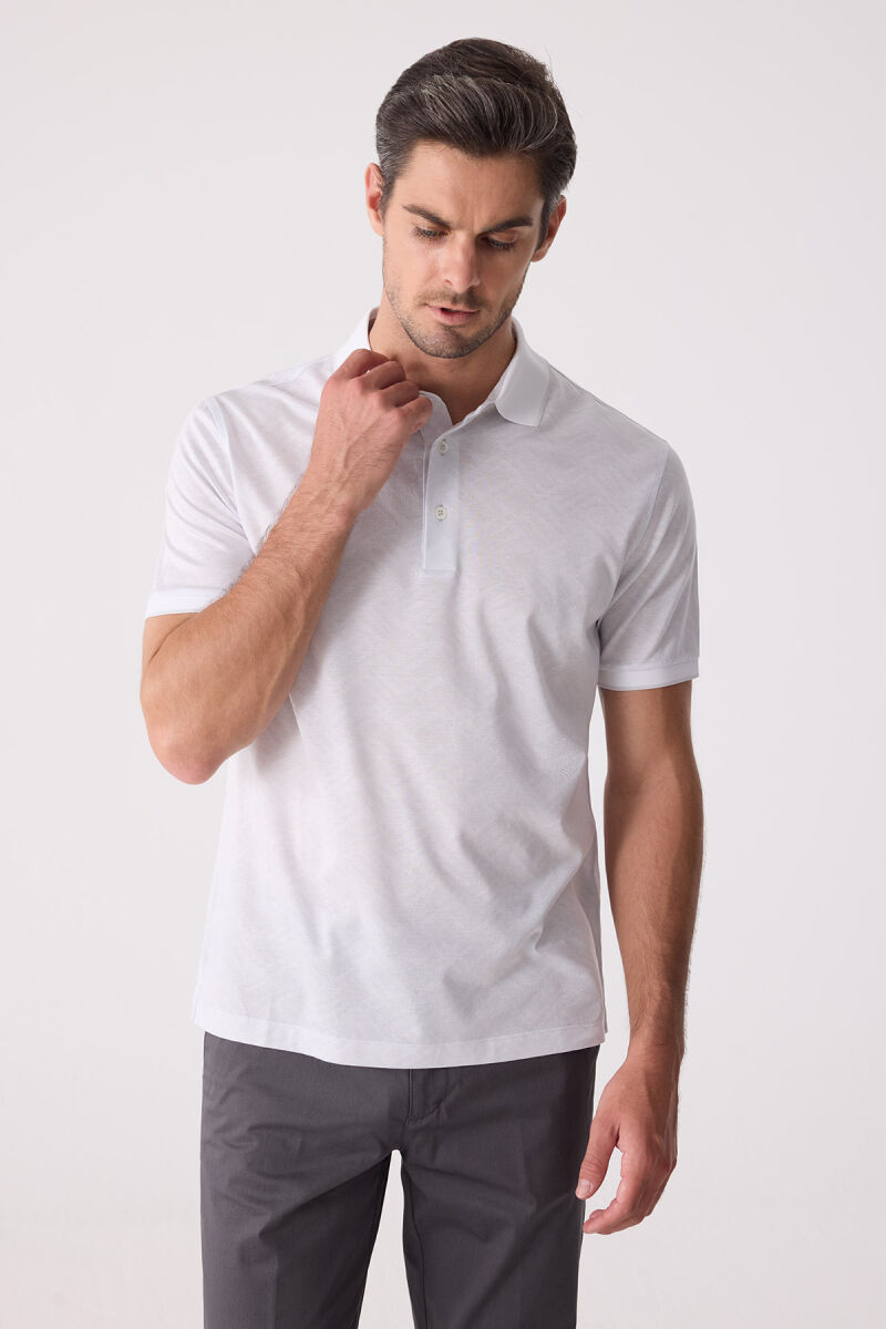 Erkek Beyaz Regular Fit Polo Yaka Desenli Merserize Tişört - 6
