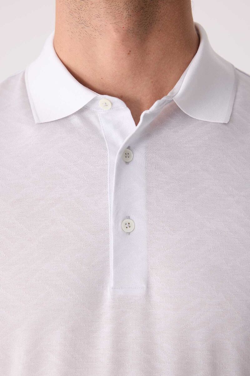 Erkek Beyaz Regular Fit Polo Yaka Desenli Merserize Tişört - 7