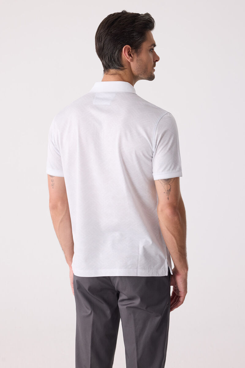 Erkek Beyaz Regular Fit Polo Yaka Desenli Merserize Tişört - 8
