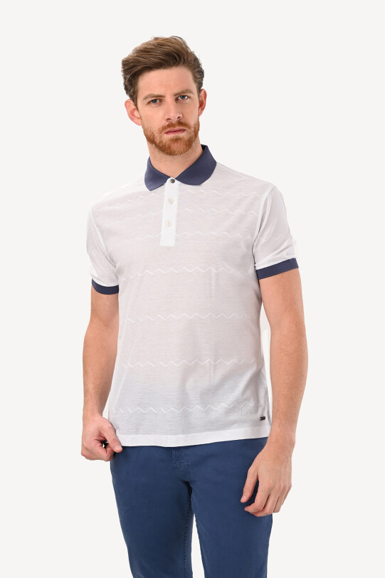 Erkek Beyaz Regular Fit Polo Yaka Desenli Tshirt