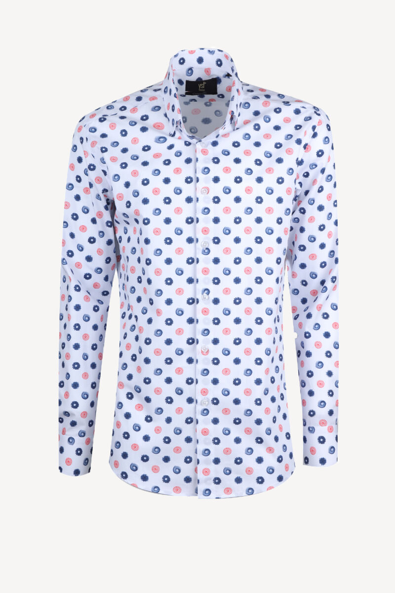 Erkek Beyaz Renkli Desenli Uzun Kol Gömlek - 1