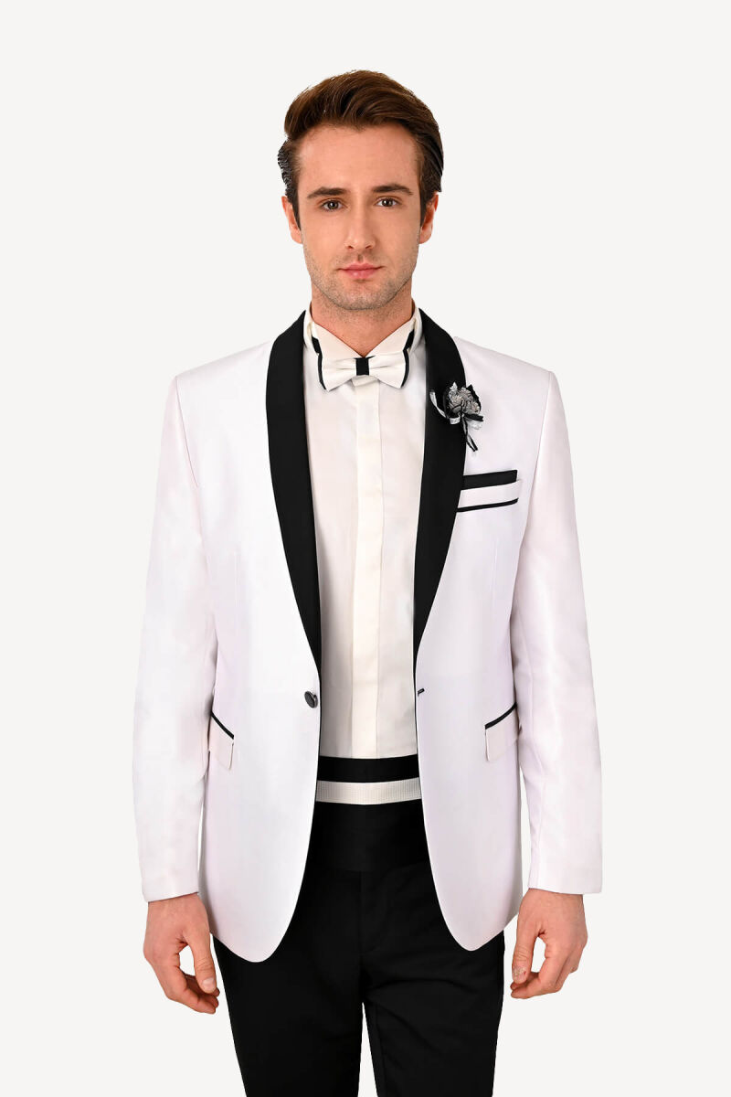 Erkek Beyaz Şal Yaka Slim Fit Damatlık - 2