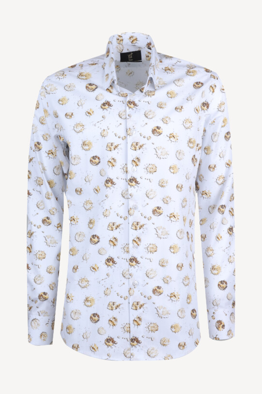 Erkek Beyaz Sarı Desenli Uzun Kol Gömlek