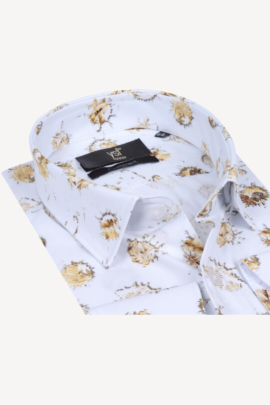 Erkek Beyaz Sarı Desenli Uzun Kol Gömlek