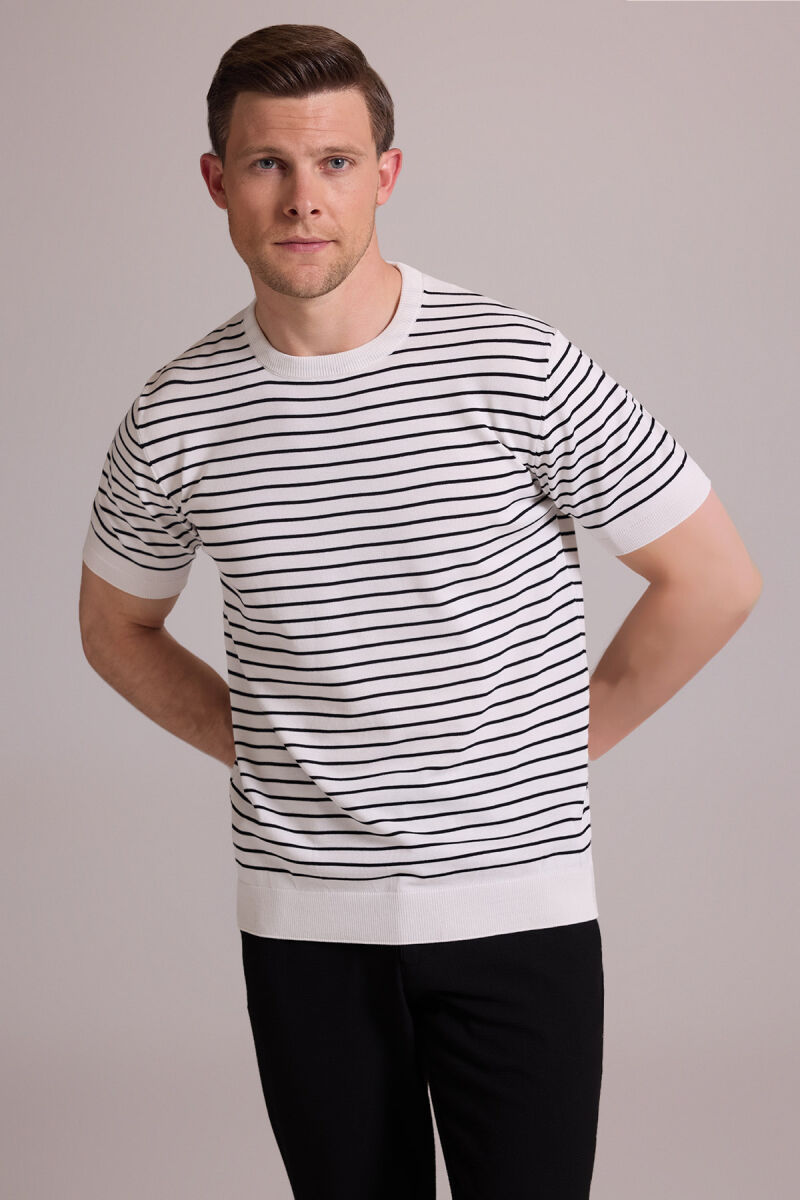 Erkek Beyaz Siyah Regular Fit Bisiklet Yaka Çizgili Tişört - 5