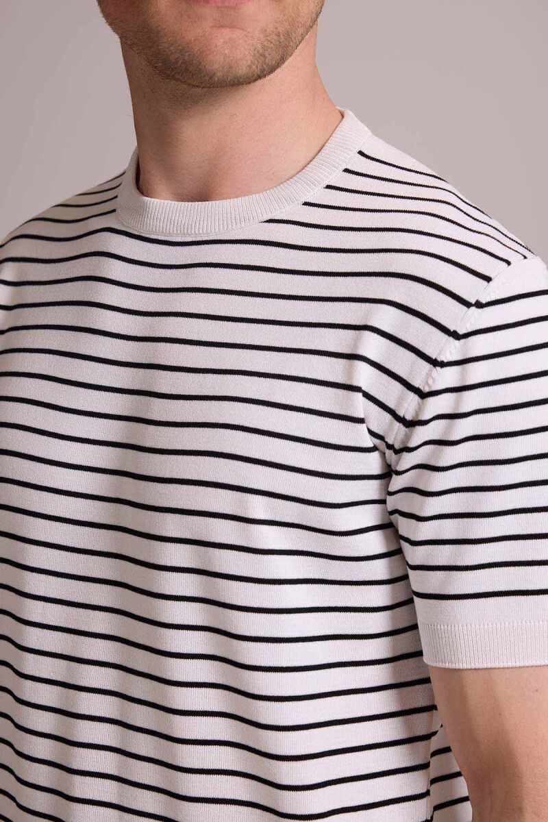 Erkek Beyaz Siyah Regular Fit Bisiklet Yaka Çizgili Tişört - 7