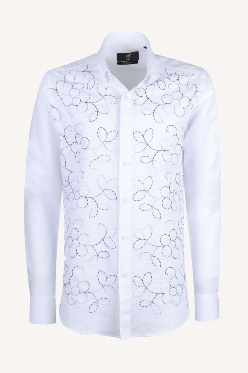 Erkek Beyaz Slim Fit %100 Keten Desenli Gömlek - 1