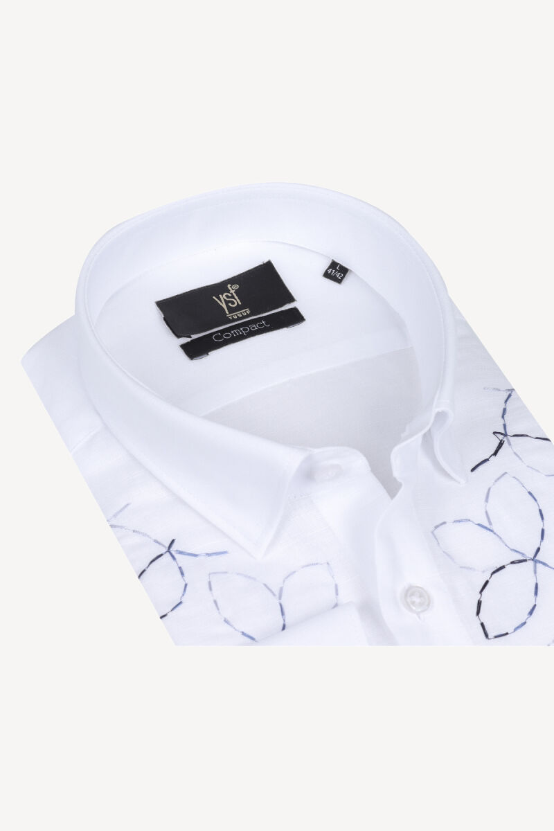 Erkek Beyaz Slim Fit %100 Keten Desenli Gömlek - 2