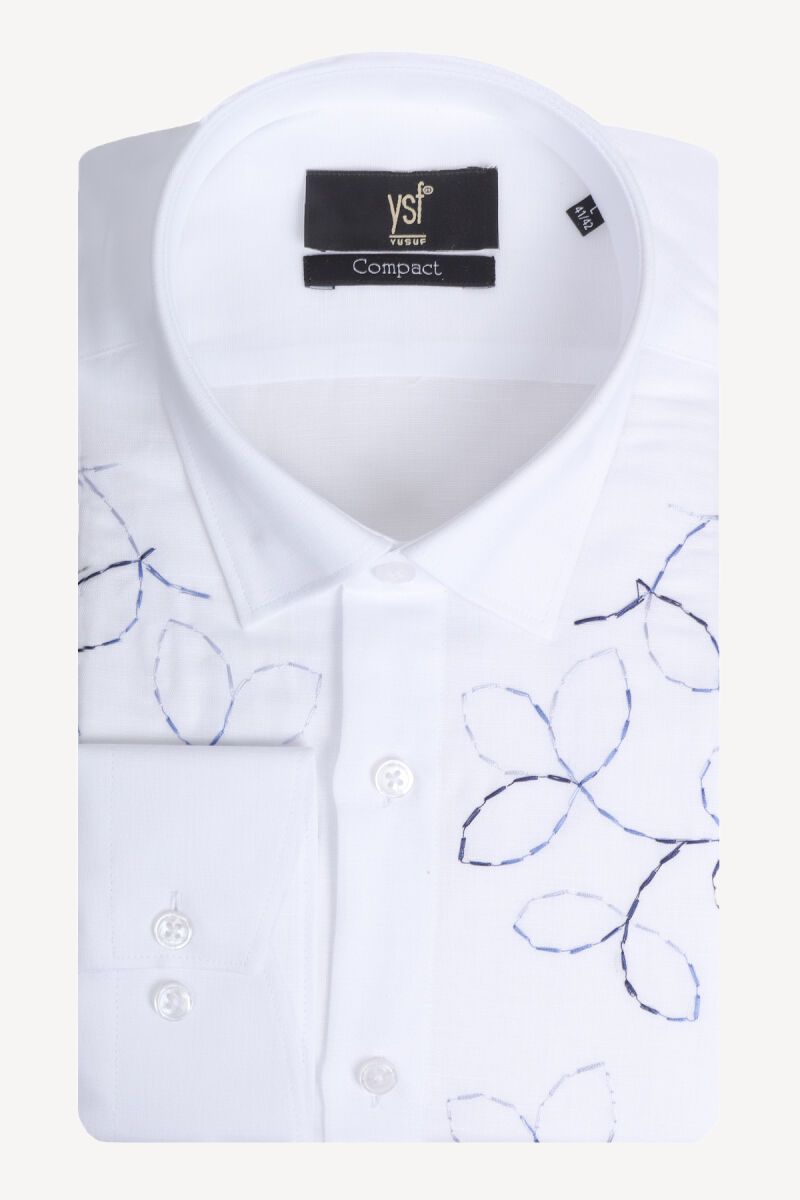 Erkek Beyaz Slim Fit %100 Keten Desenli Gömlek - 3