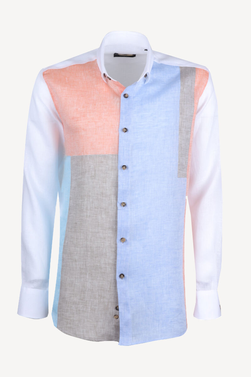 Erkek Beyaz Slim Fit %100 Keten Renkli Desenli Gömlek - 1