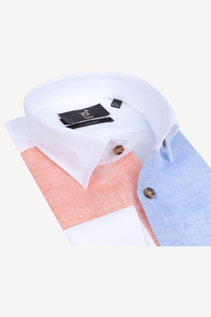 Erkek Beyaz Slim Fit %100 Keten Renkli Desenli Gömlek - 2