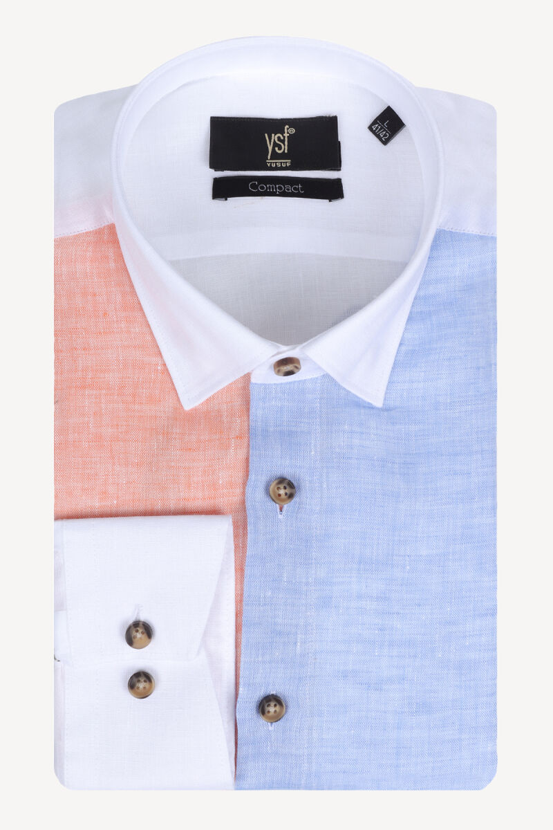 Erkek Beyaz Slim Fit %100 Keten Renkli Desenli Gömlek - 3