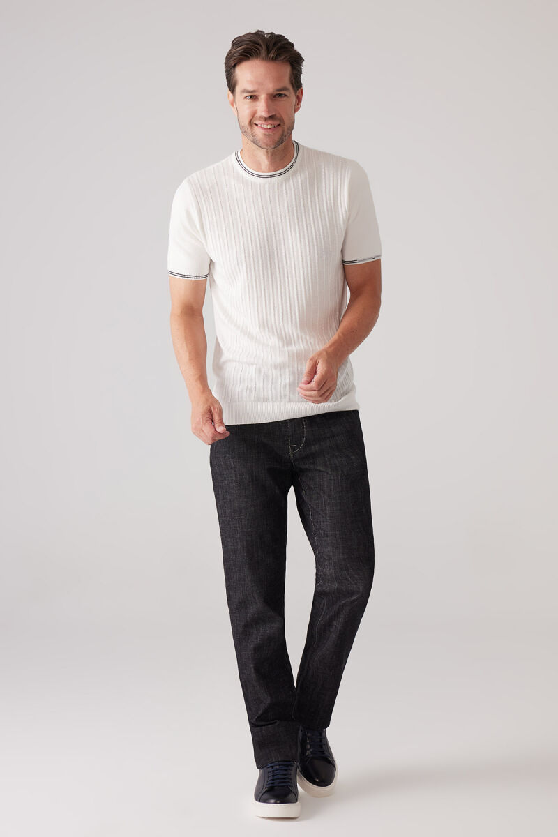 Erkek Beyaz Slim Fit Bisiklet Yaka Çizgili Saç Örgü Kısa Kollu Tişört - 2