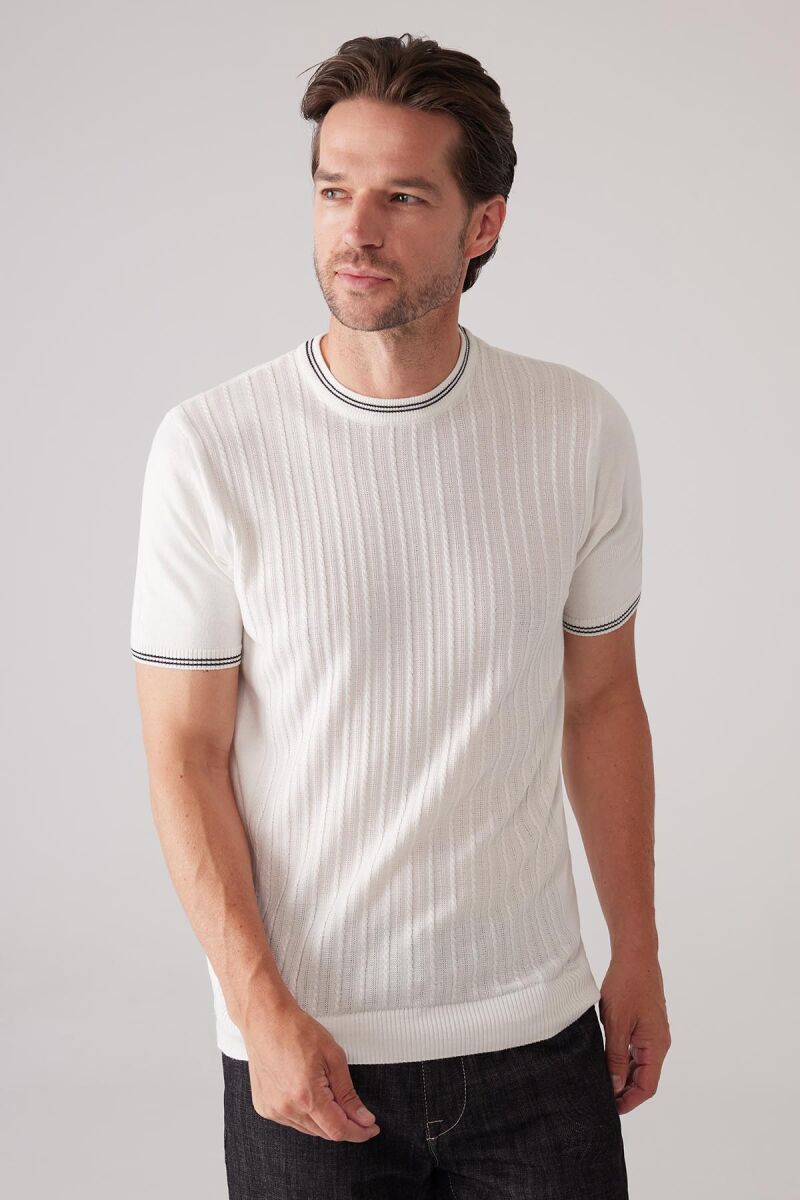 Erkek Beyaz Slim Fit Bisiklet Yaka Çizgili Saç Örgü Kısa Kollu Tişört - 6