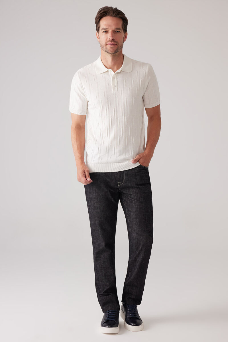 Erkek Beyaz Slim Fit Dokulu Örme Polo Yaka Tişört - 2