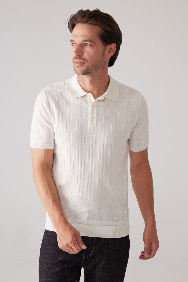 Erkek Beyaz Slim Fit Dokulu Örme Polo Yaka Tişört - 6