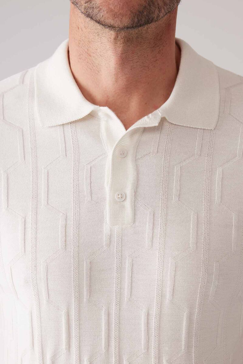 Erkek Beyaz Slim Fit Dokulu Örme Polo Yaka Tişört - 7