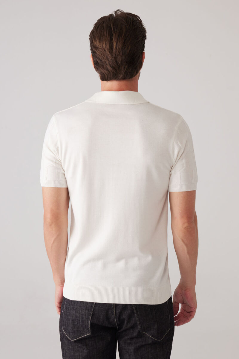 Erkek Beyaz Slim Fit Dokulu Örme Polo Yaka Tişört - 8