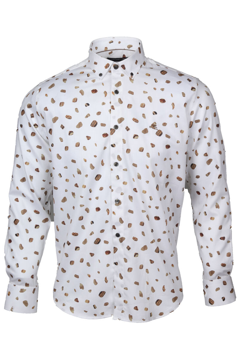 Erkek Beyaz Slim Fit Kahve Desenli Uzun Kollu Gömlek - 1