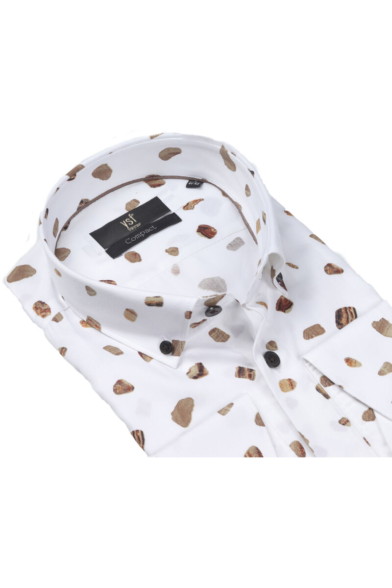 Erkek Beyaz Slim Fit Kahve Desenli Uzun Kollu Gömlek - 2