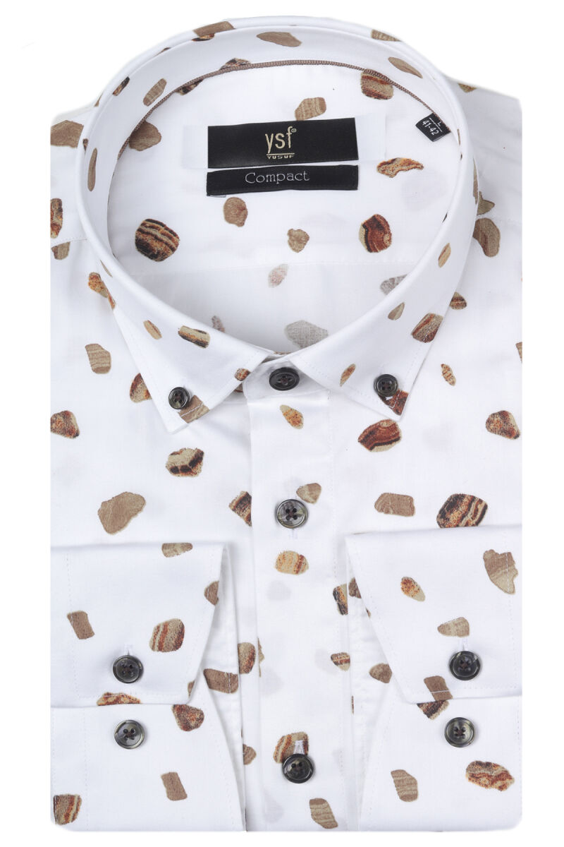 Erkek Beyaz Slim Fit Kahve Desenli Uzun Kollu Gömlek - 3