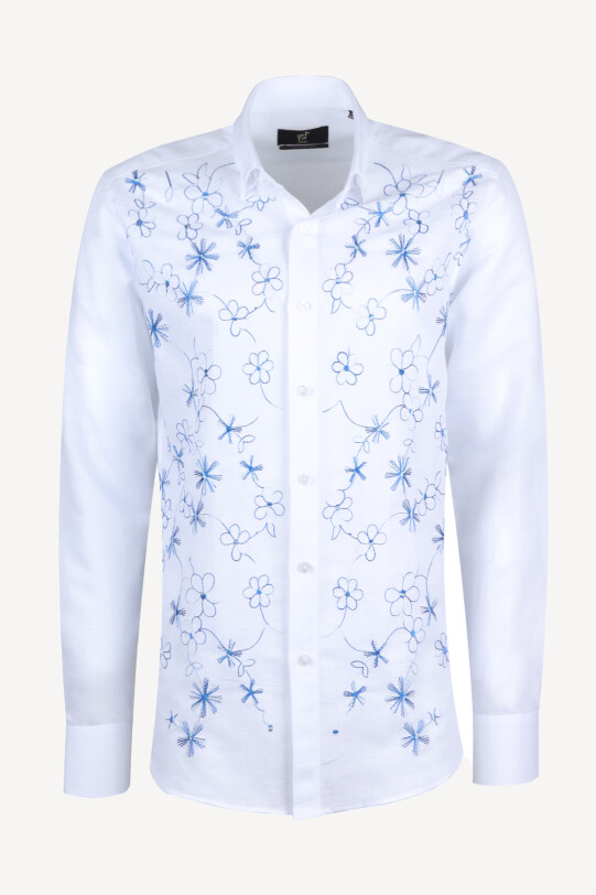 Erkek Beyaz Slim Fit Keten Yaka Düğmeli Desenli Gömlek