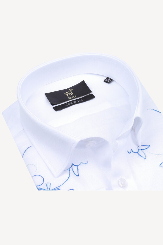 Erkek Beyaz Slim Fit Keten Yaka Düğmeli Desenli Gömlek