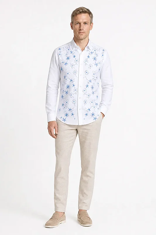 Erkek Beyaz Slim Fit Keten Yaka Düğmeli Desenli Gömlek