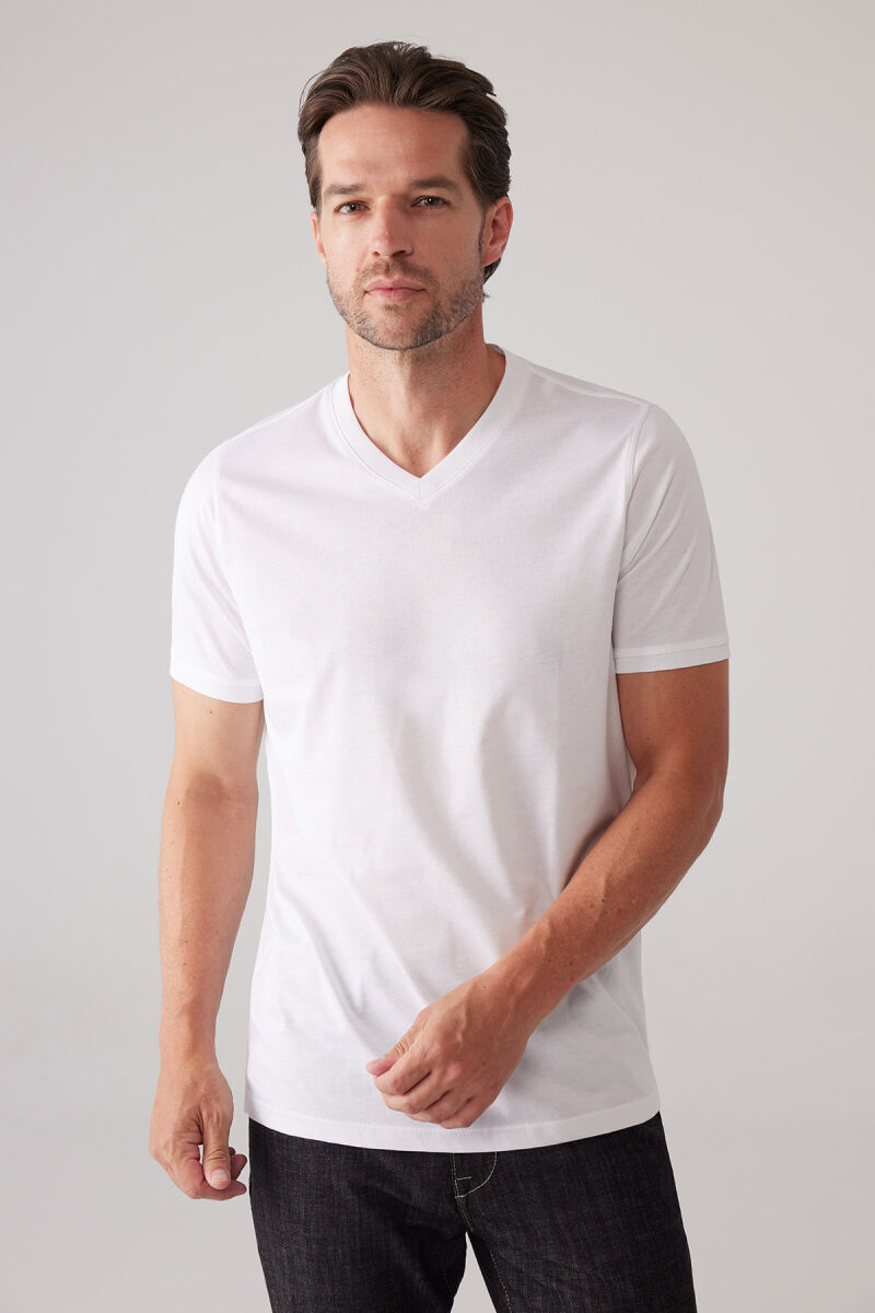 Erkek Beyaz Slim Fit Merserize Pamuk V Yaka Tişört - 1