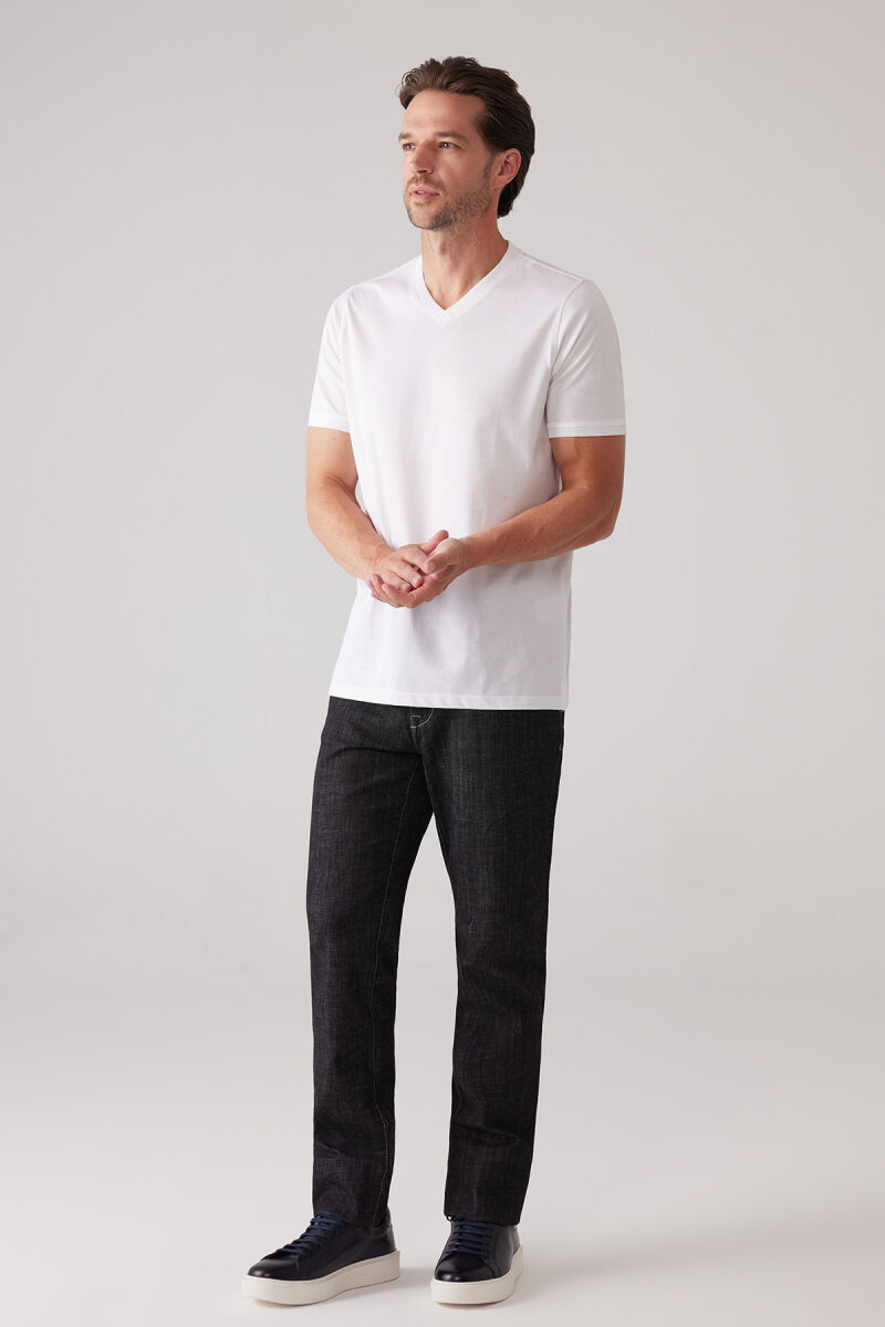 Erkek Beyaz Slim Fit Merserize Pamuk V Yaka Tişört - 2