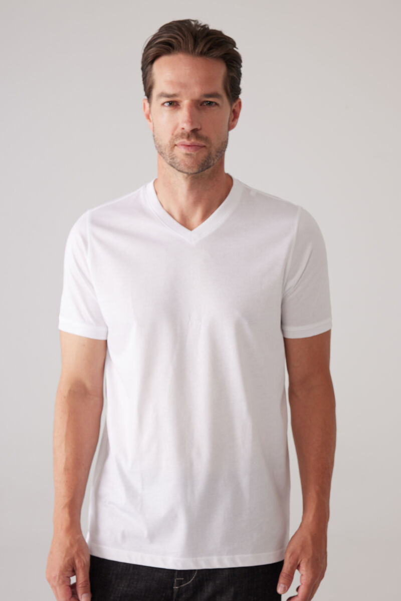Erkek Beyaz Slim Fit Merserize Pamuk V Yaka Tişört - 3