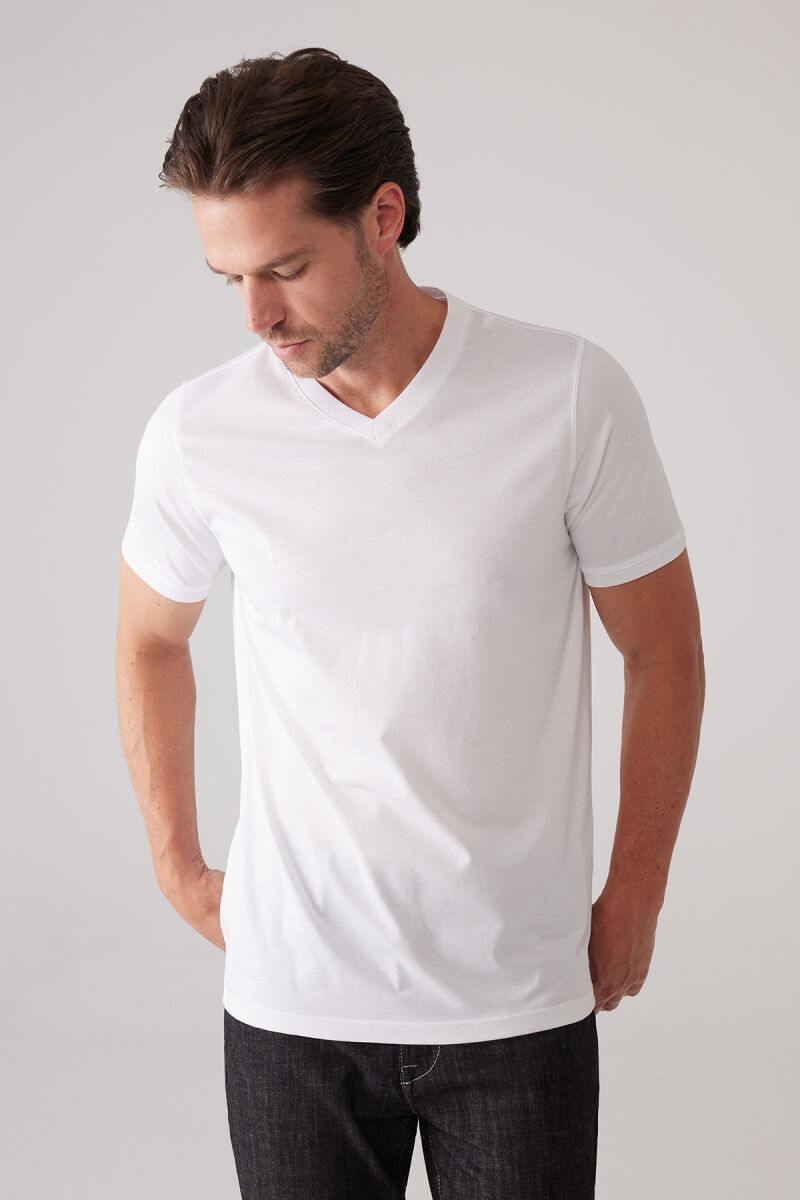 Erkek Beyaz Slim Fit Merserize Pamuk V Yaka Tişört - 5