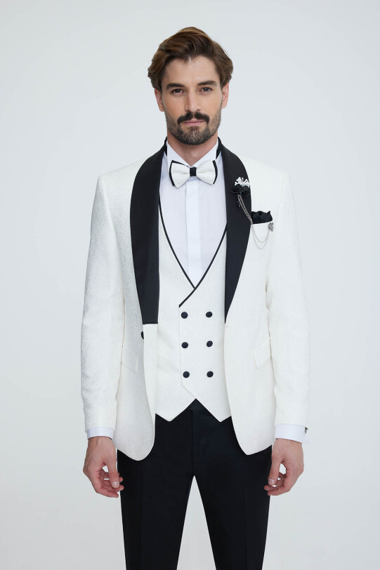 Erkek Beyaz Slim Fit Şal Yaka Desenli Damatlık