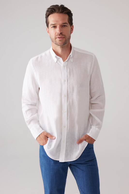 Erkek Beyaz Slim Fit Yaka Düğmeli %100 Keten Gömlek