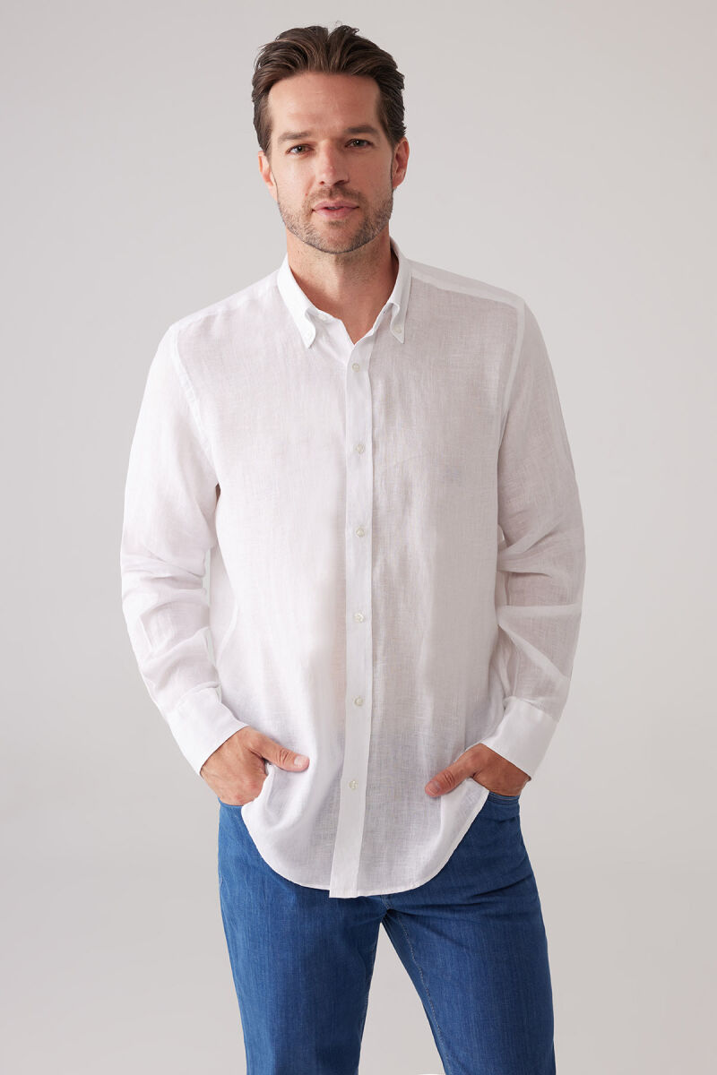 Erkek Beyaz Slim Fit Yaka Düğmeli %100 Keten Gömlek - 1