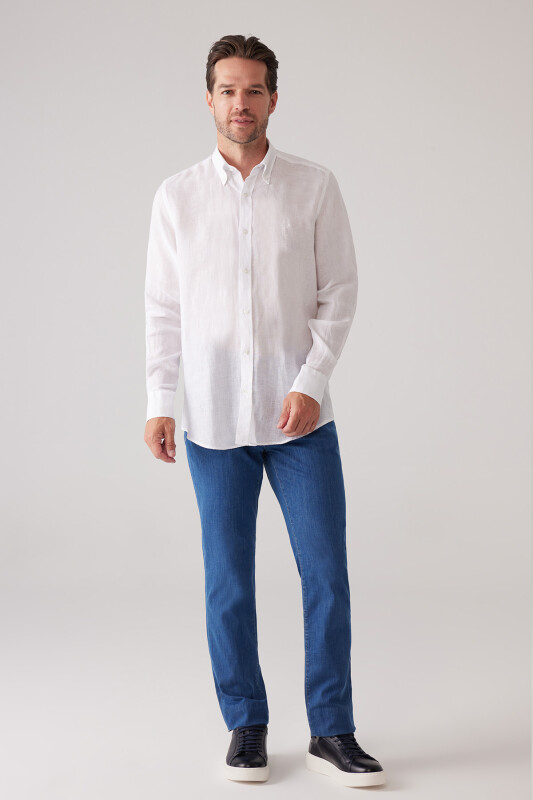 Erkek Beyaz Slim Fit Yaka Düğmeli %100 Keten Gömlek