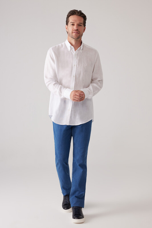 Erkek Beyaz Slim Fit Yaka Düğmeli %100 Keten Gömlek