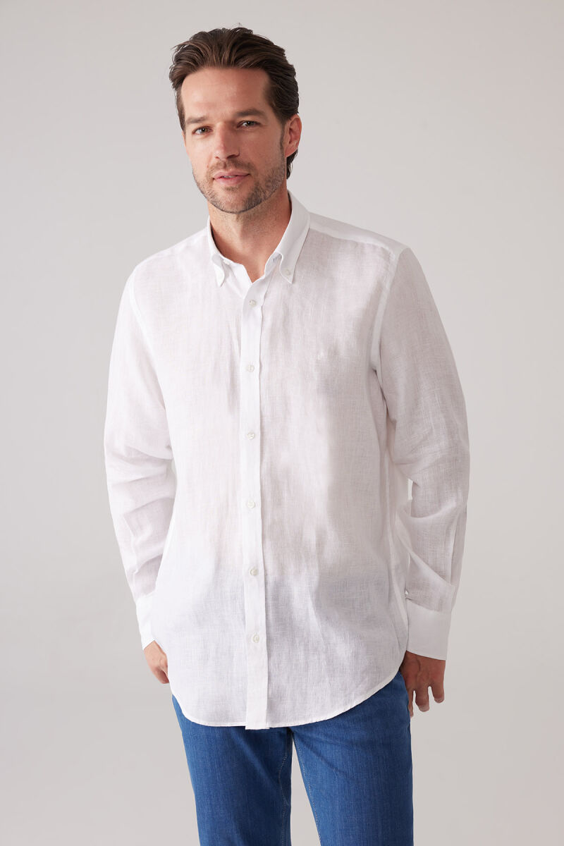 Erkek Beyaz Slim Fit Yaka Düğmeli %100 Keten Gömlek - 5