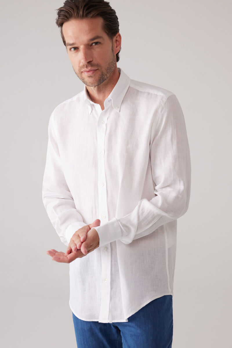 Erkek Beyaz Slim Fit Yaka Düğmeli %100 Keten Gömlek - 6