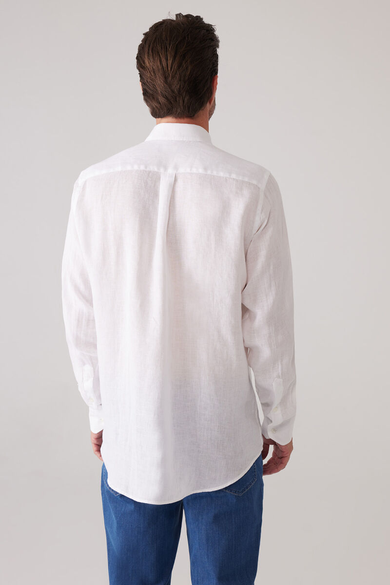 Erkek Beyaz Slim Fit Yaka Düğmeli %100 Keten Gömlek - 8