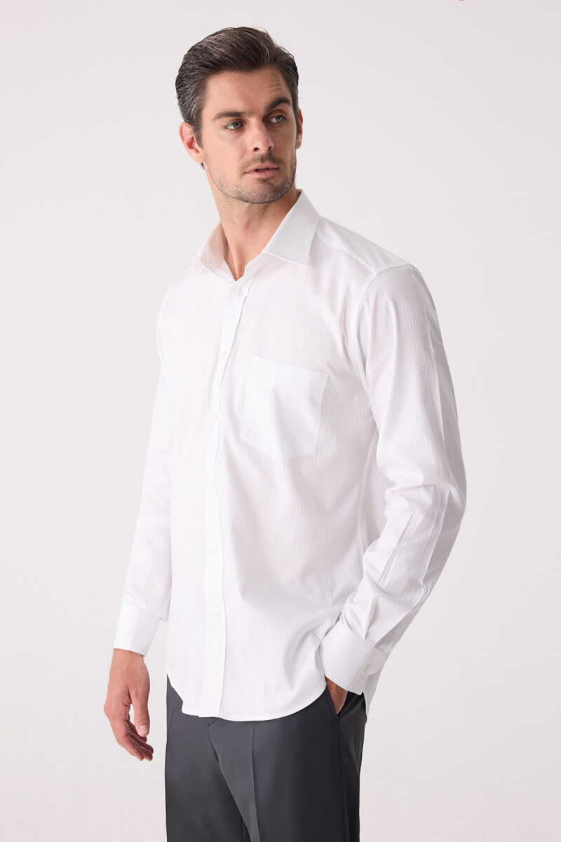 Erkek Beyaz Uzun Kol Klasik Kesim Çizgili Gömlek - 3